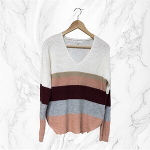 Cloud Chaser striped colorblock cable knit sweater V-neck cozy waffle knit M